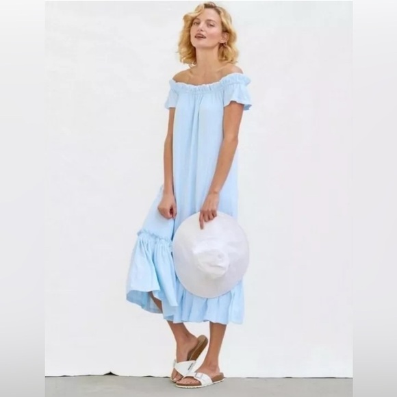 SUNDRY Off Shoulder Cotton Stretch Maxi Sky Blue 2 Medium Tiered Ruffle MADE USA - Picture 1 of 15